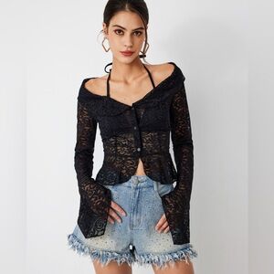 🎀CIDER🌸 Lace Off-shoulder Button Long Sleeve Blouse 👚